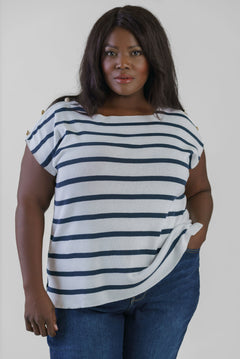 SHORT SLEEVE STRIPED BUTTON SHOULDER TOP plus-size - AMOUR781