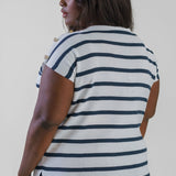 SHORT SLEEVE STRIPED BUTTON SHOULDER TOP plus-size - AMOUR781