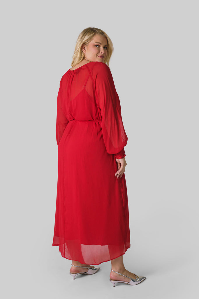 RED LONG SLEEVE GEORGETTE DRESS - AMOUR781
