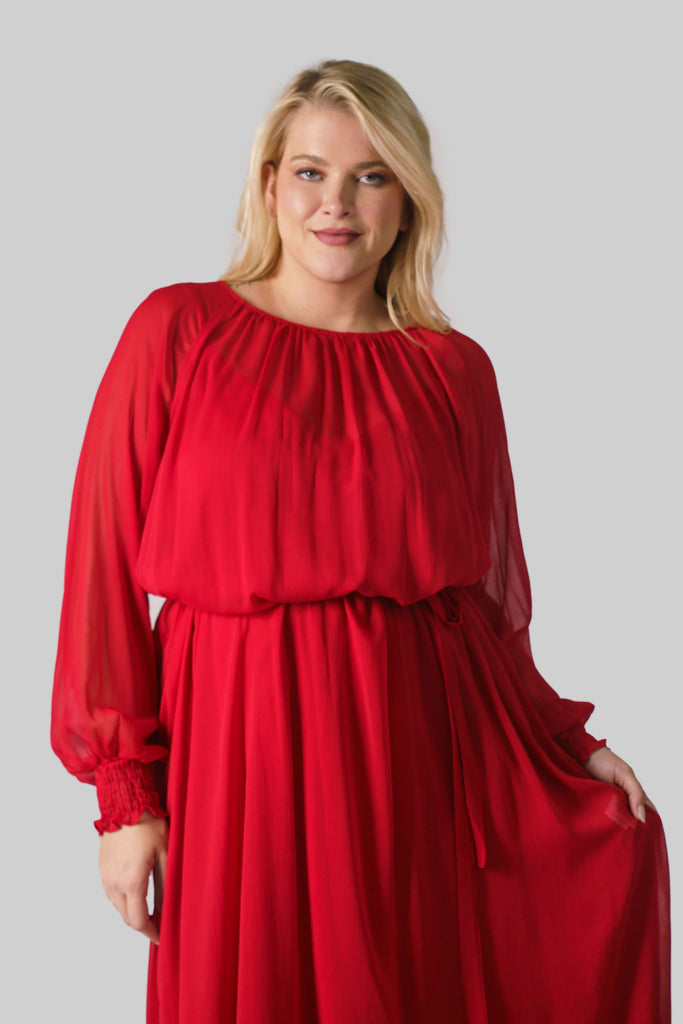 RED LONG SLEEVE GEORGETTE DRESS - AMOUR781