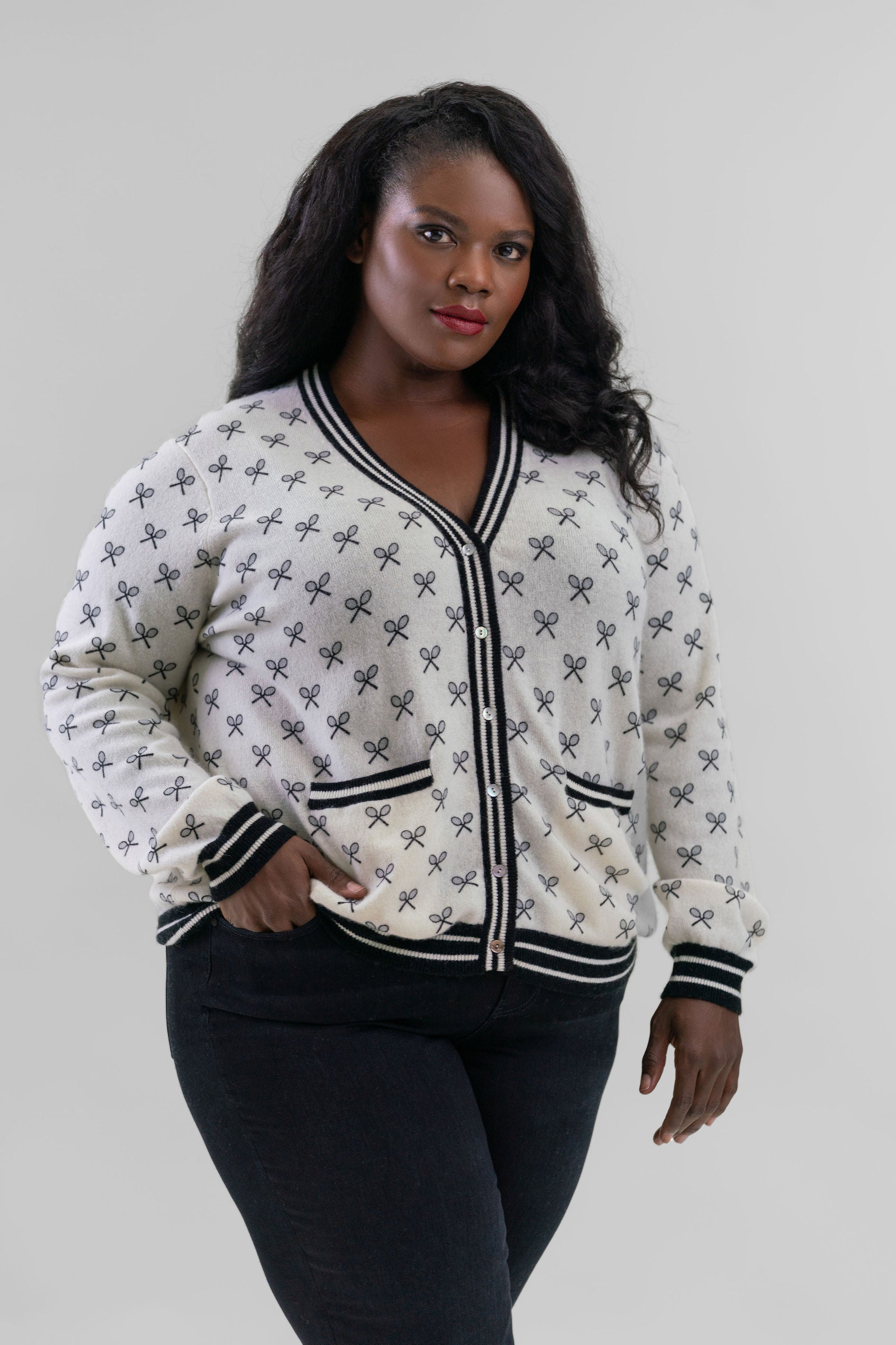 CASHMERE TENNIS CLUB PRINT CARDIGAN plus-size - AMOUR781