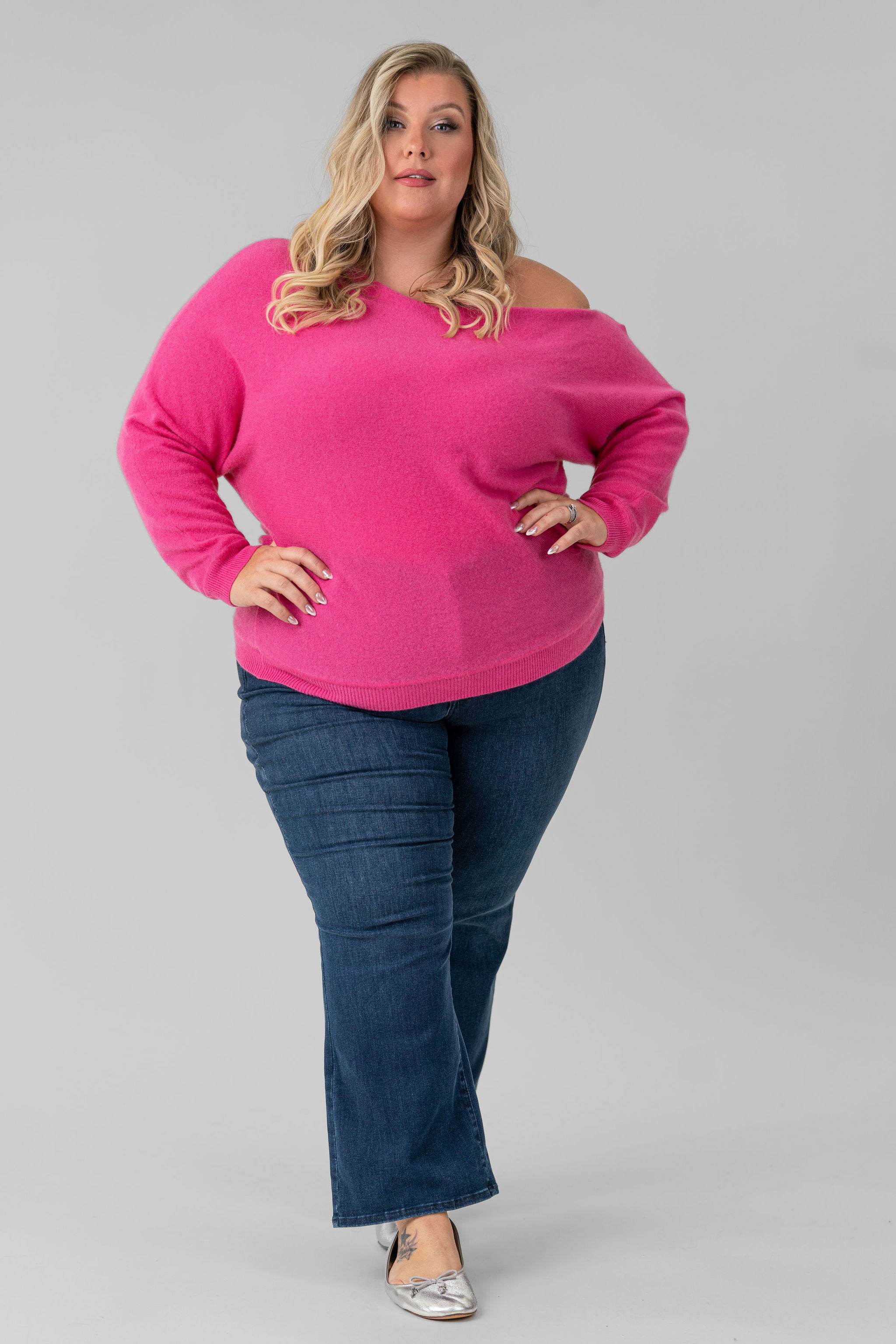 100% CASHMERE OFF THE SHOULDER TOP plus-size - AMOUR781