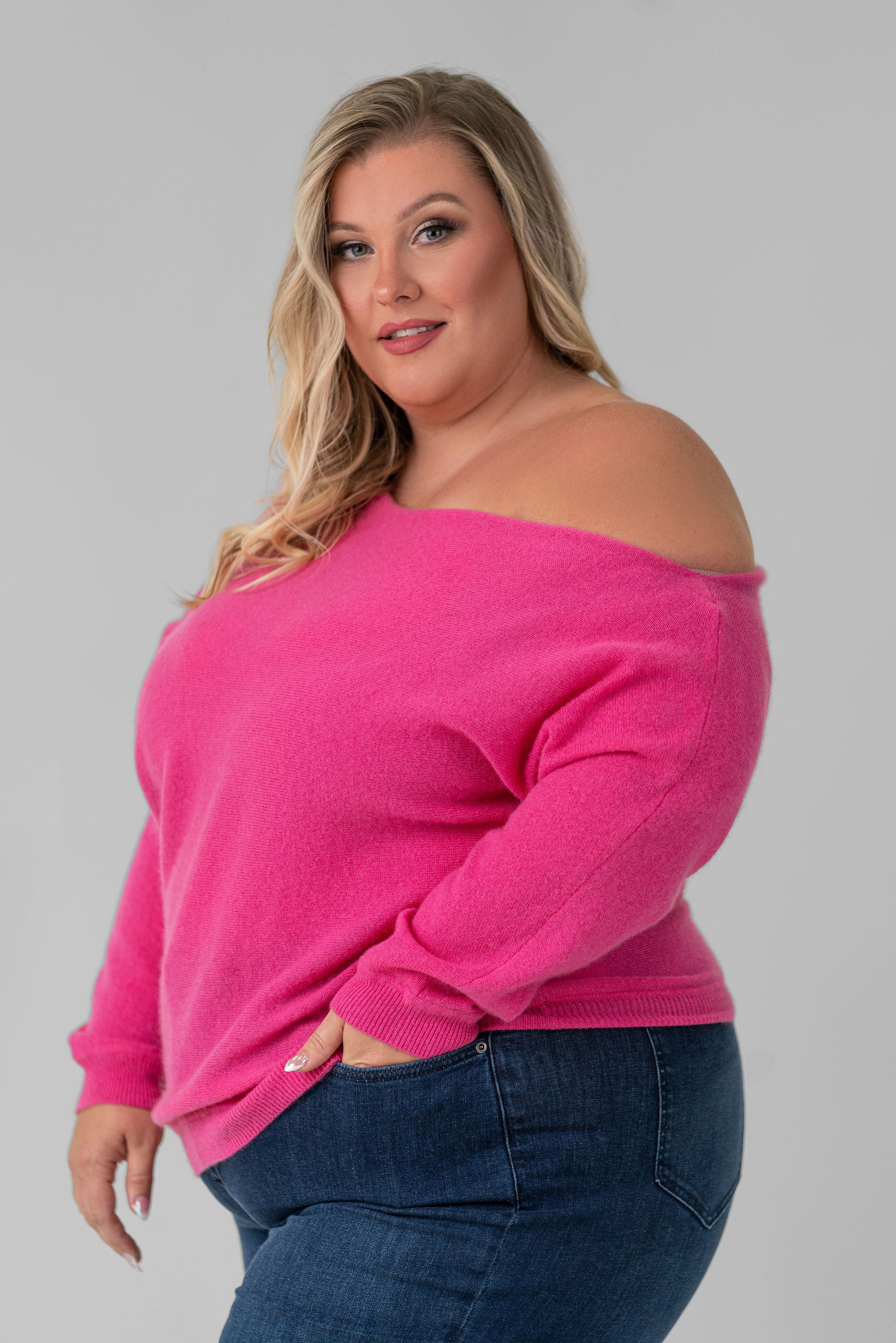 100% CASHMERE OFF THE SHOULDER TOP plus-size - AMOUR781