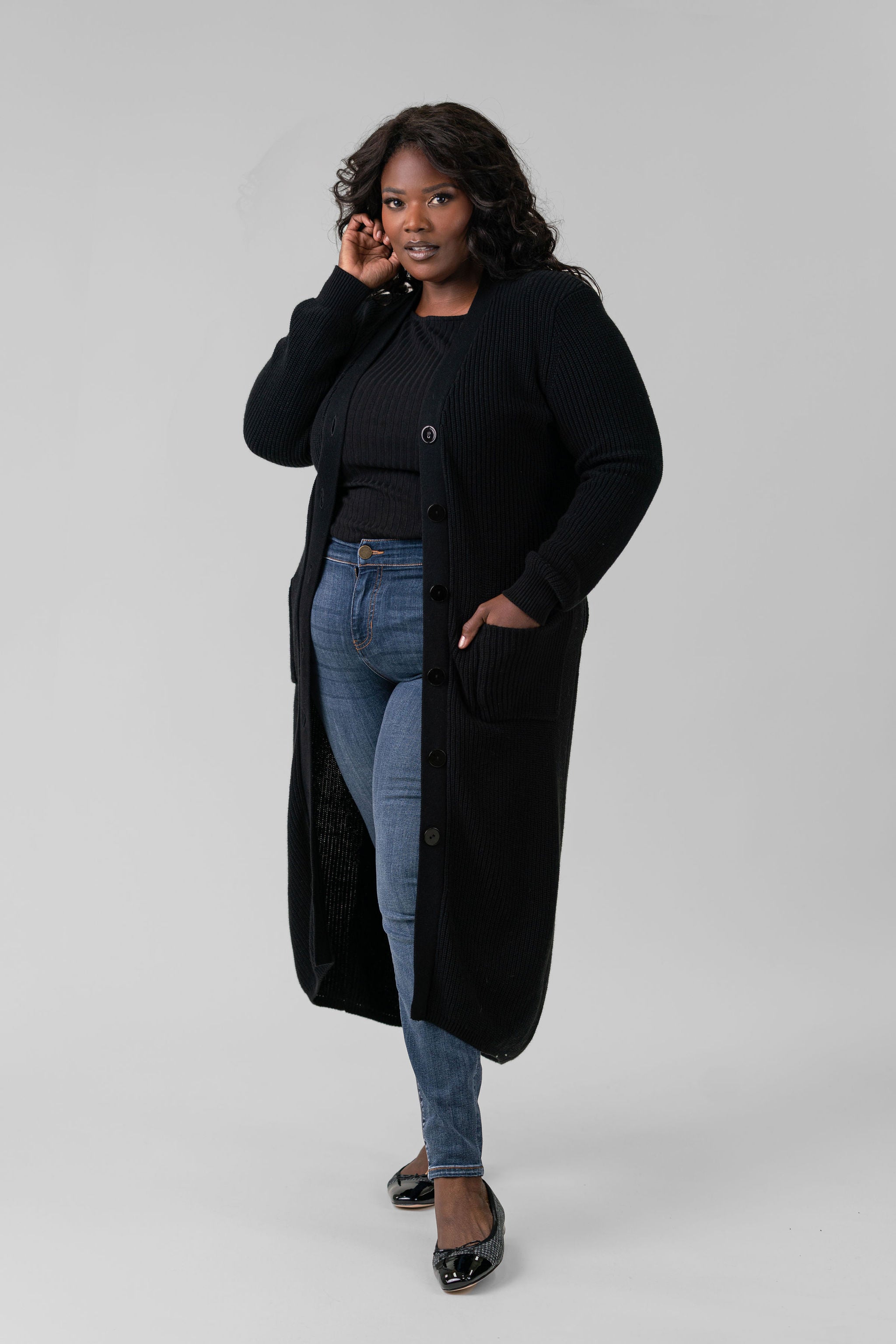 COTTON / CASHMERE BELTED RIBBED LONG CARDIGAN plus-size - AMOUR781