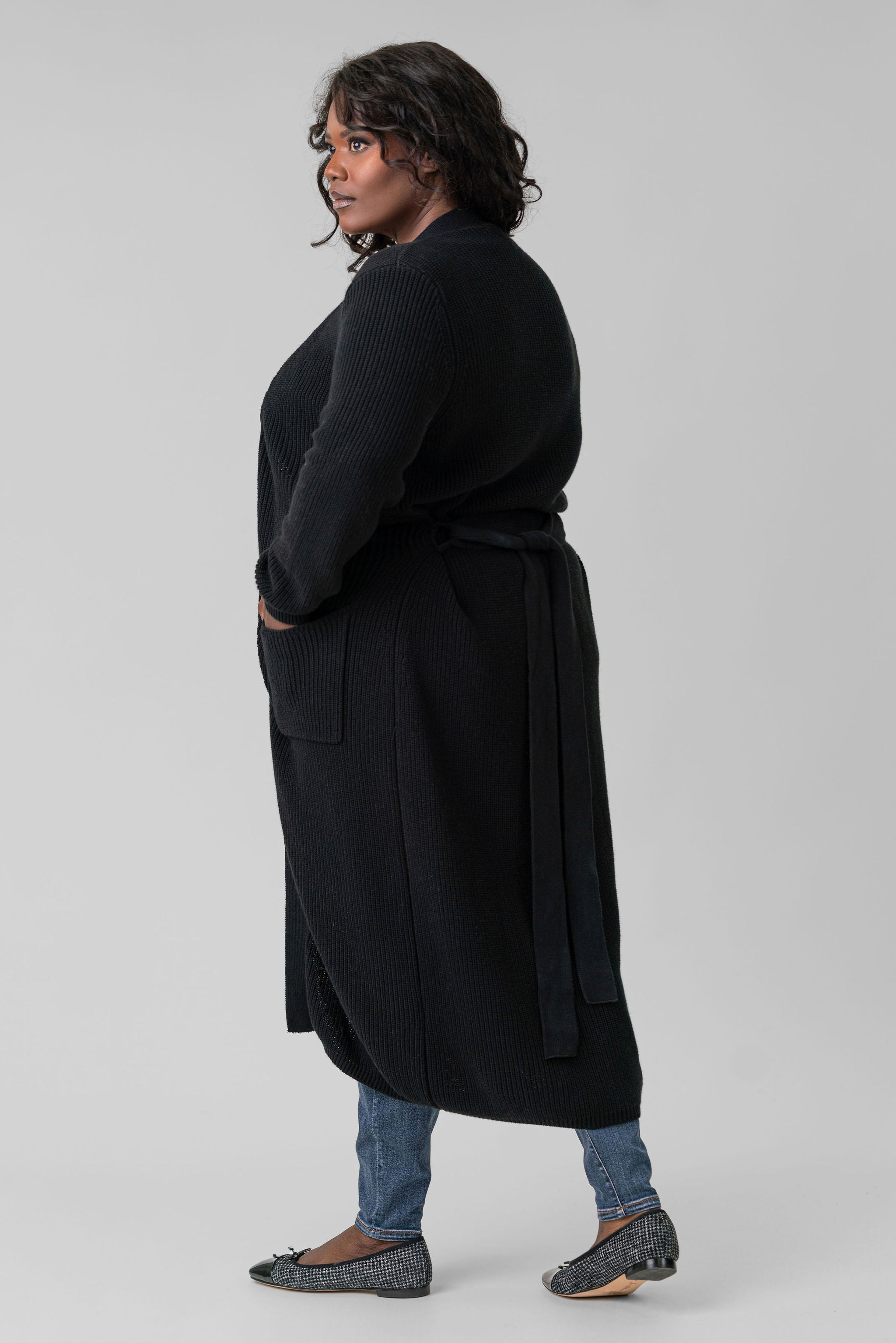 COTTON / CASHMERE BELTED RIBBED LONG CARDIGAN plus-size - AMOUR781