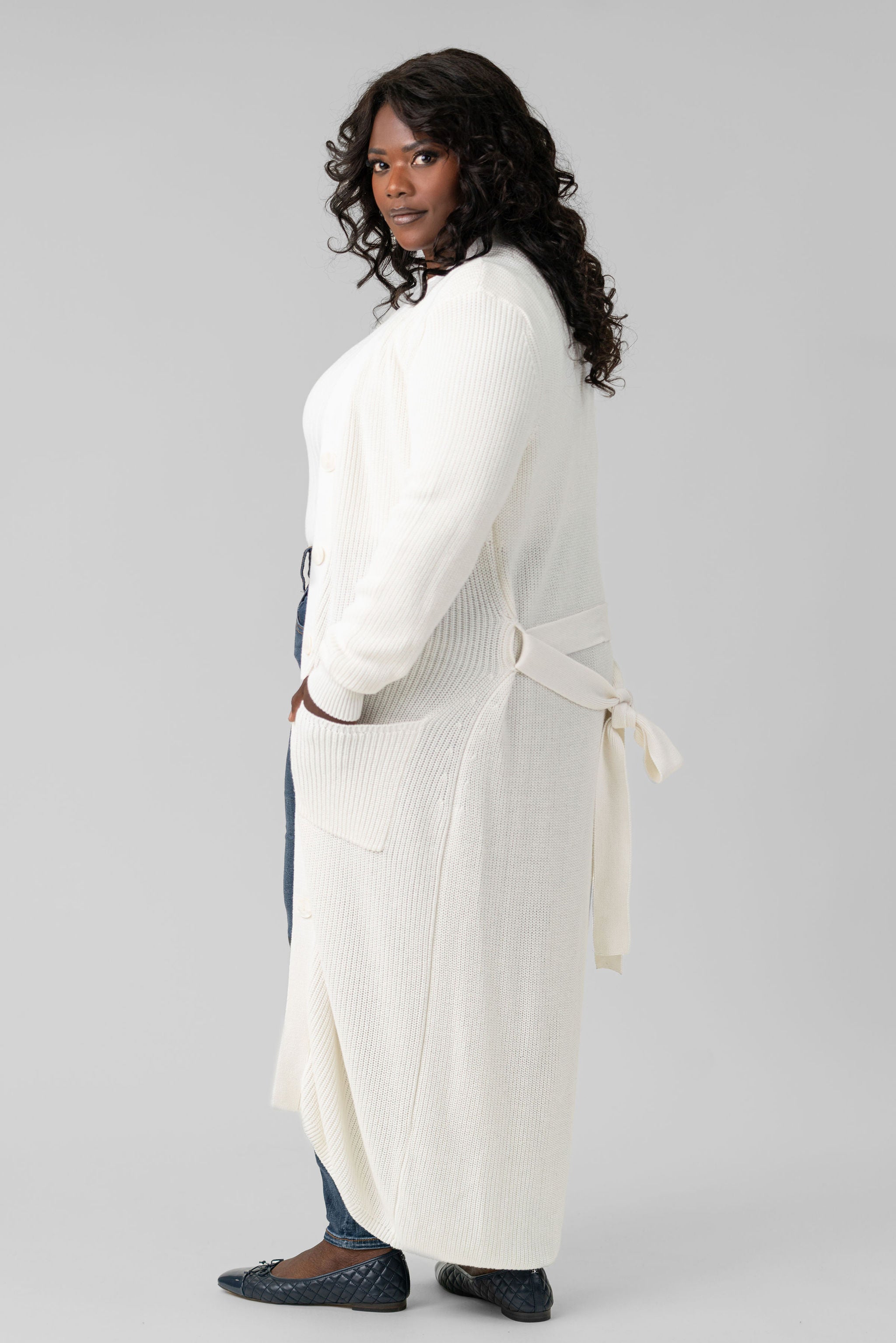 COTTON / CASHMERE BELTED RIBBED LONG CARDIGAN plus-size - AMOUR781