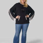 COTTON CASHMERE EMBROIDERED FRINGE HOODIE plus-size - AMOUR781