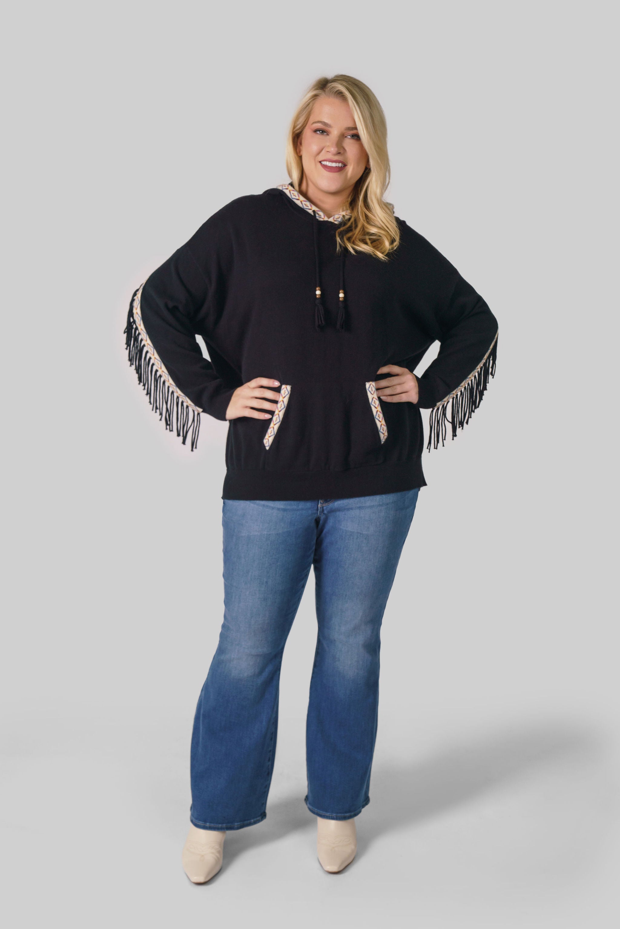 COTTON CASHMERE EMBROIDERED FRINGE HOODIE plus-size - AMOUR781