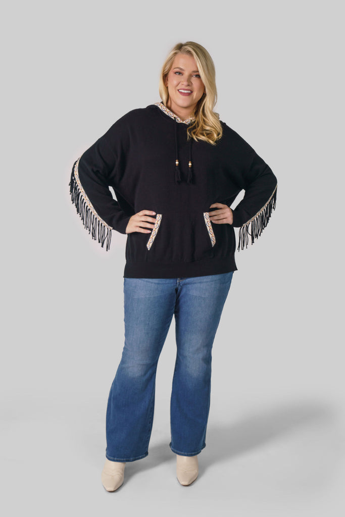 COTTON CASHMERE EMBROIDERED FRINGE HOODIE - AMOUR781