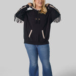 COTTON CASHMERE EMBROIDERED FRINGE HOODIE plus-size - AMOUR781