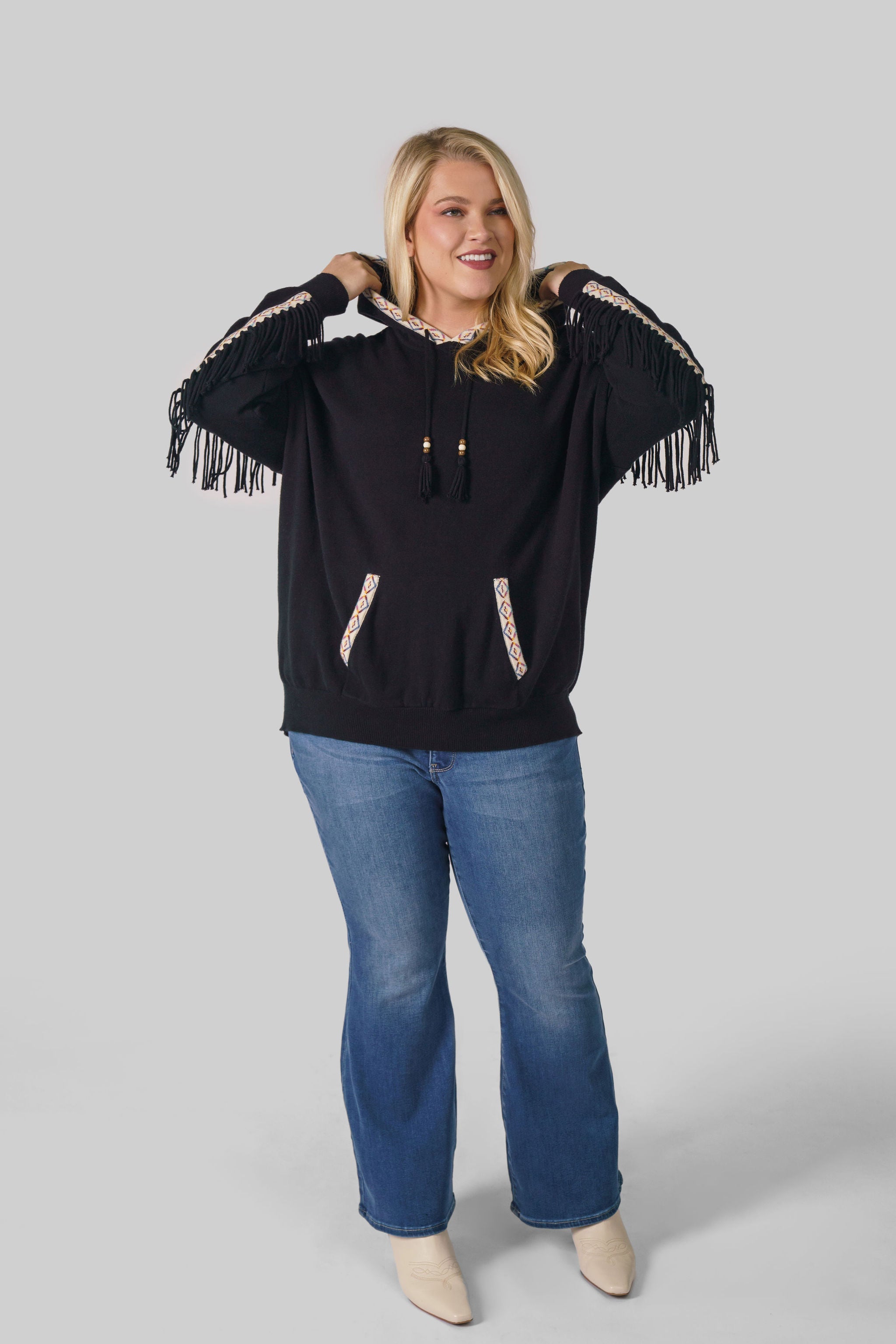 COTTON CASHMERE EMBROIDERED FRINGE HOODIE plus-size - AMOUR781