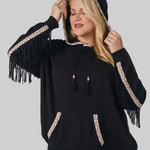 COTTON CASHMERE EMBROIDERED FRINGE HOODIE plus-size - AMOUR781