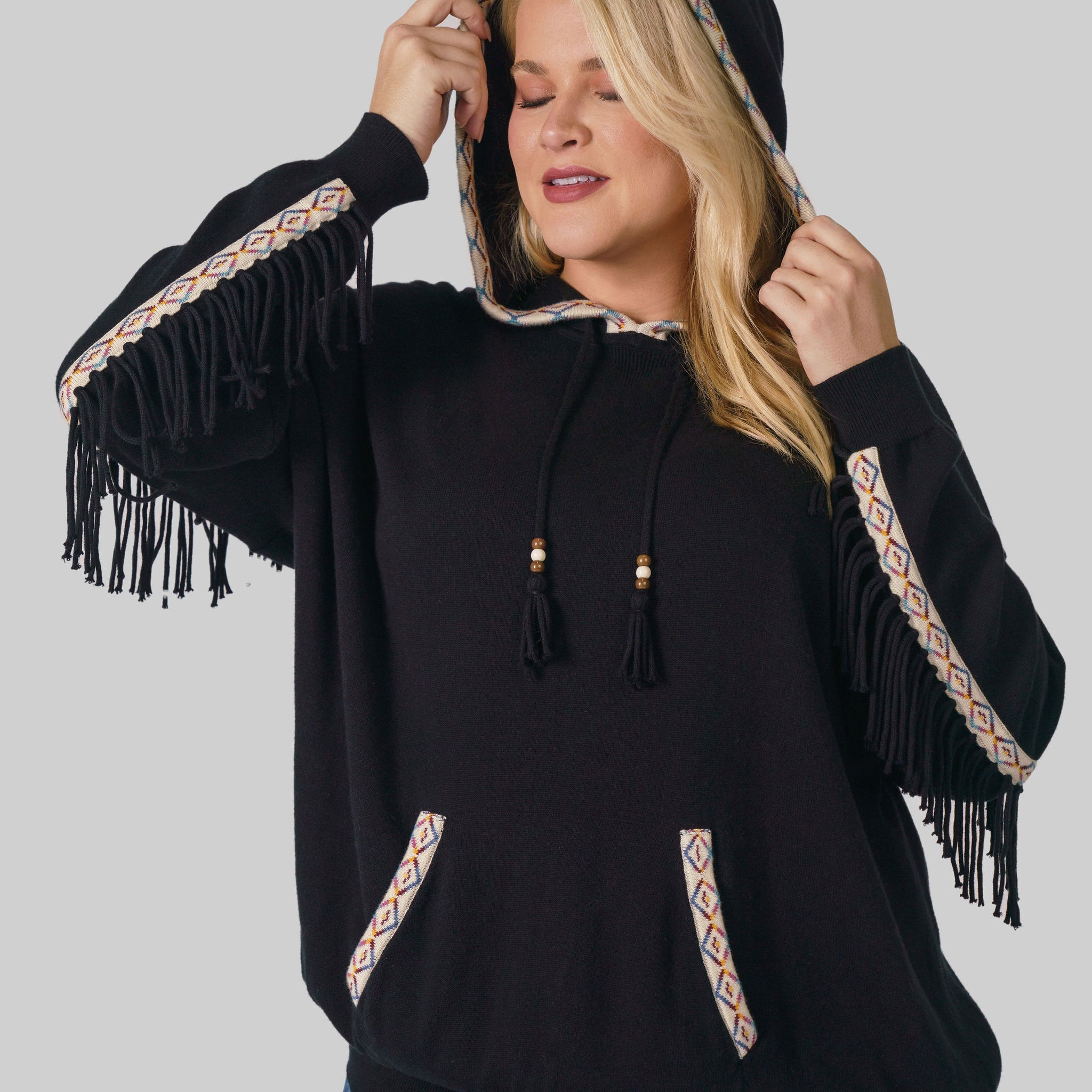 COTTON CASHMERE EMBROIDERED FRINGE HOODIE plus-size - AMOUR781