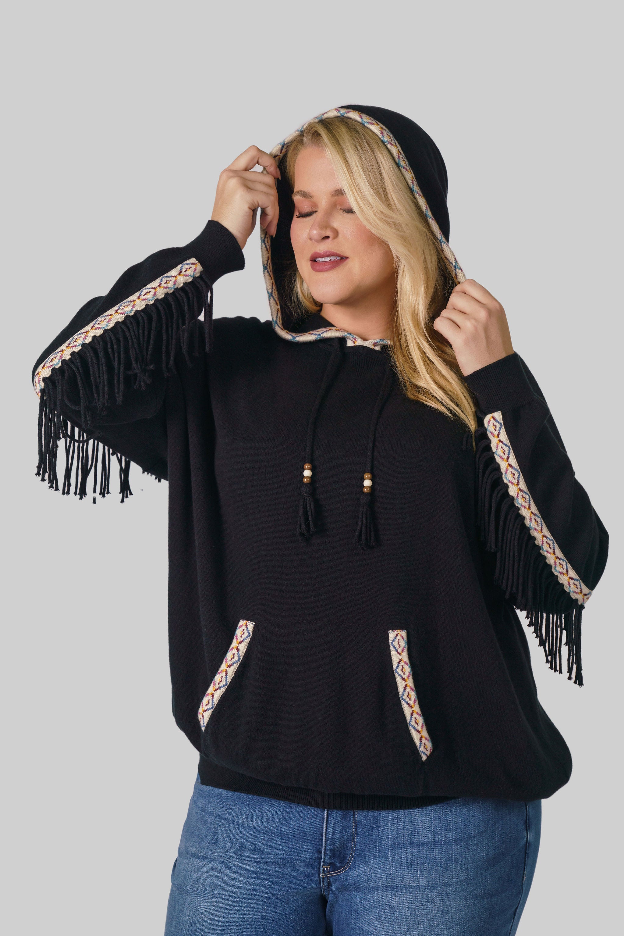 COTTON CASHMERE EMBROIDERED FRINGE HOODIE plus-size - AMOUR781