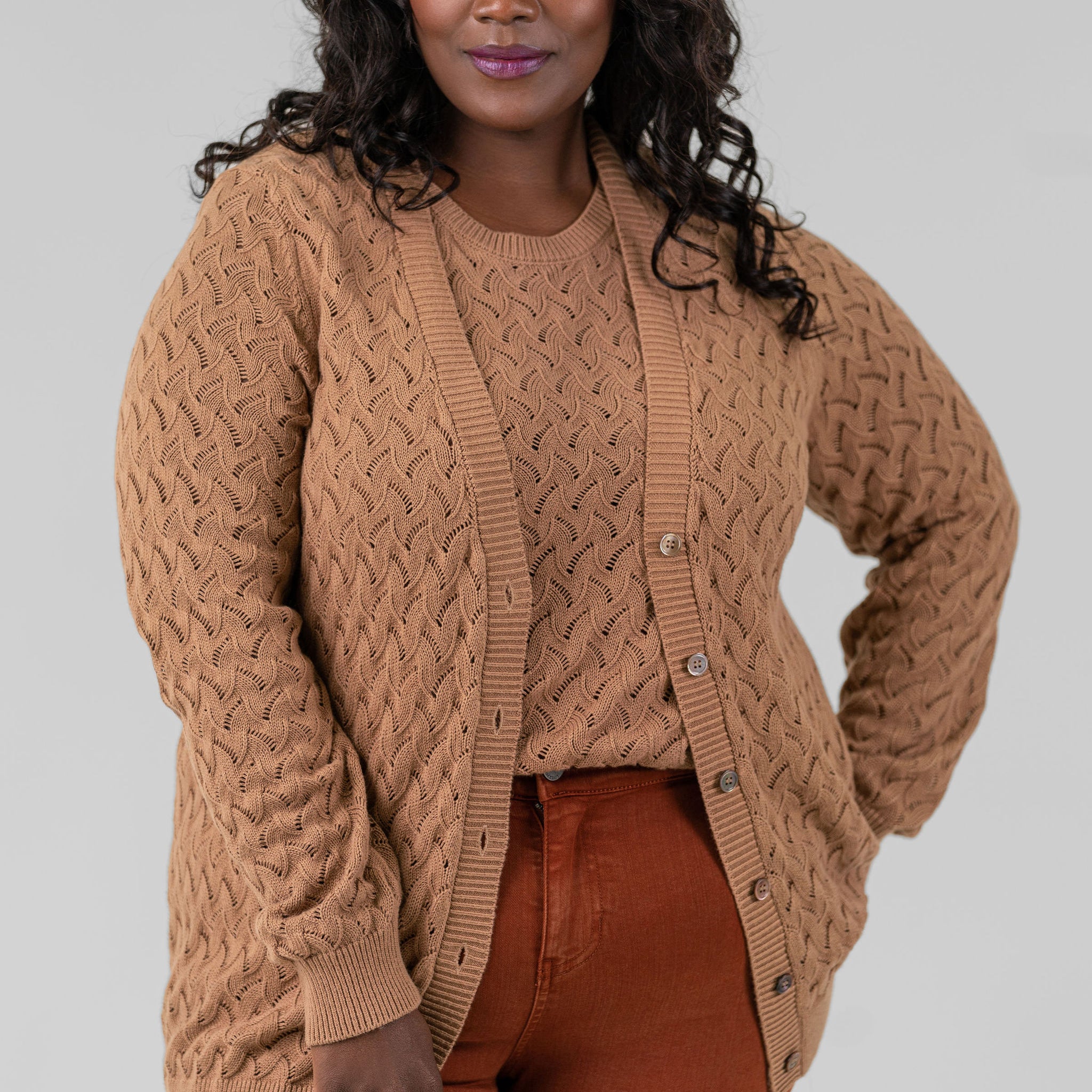 COTTON CASHMERE POINTELLE CARDIGAN plus-size - AMOUR781