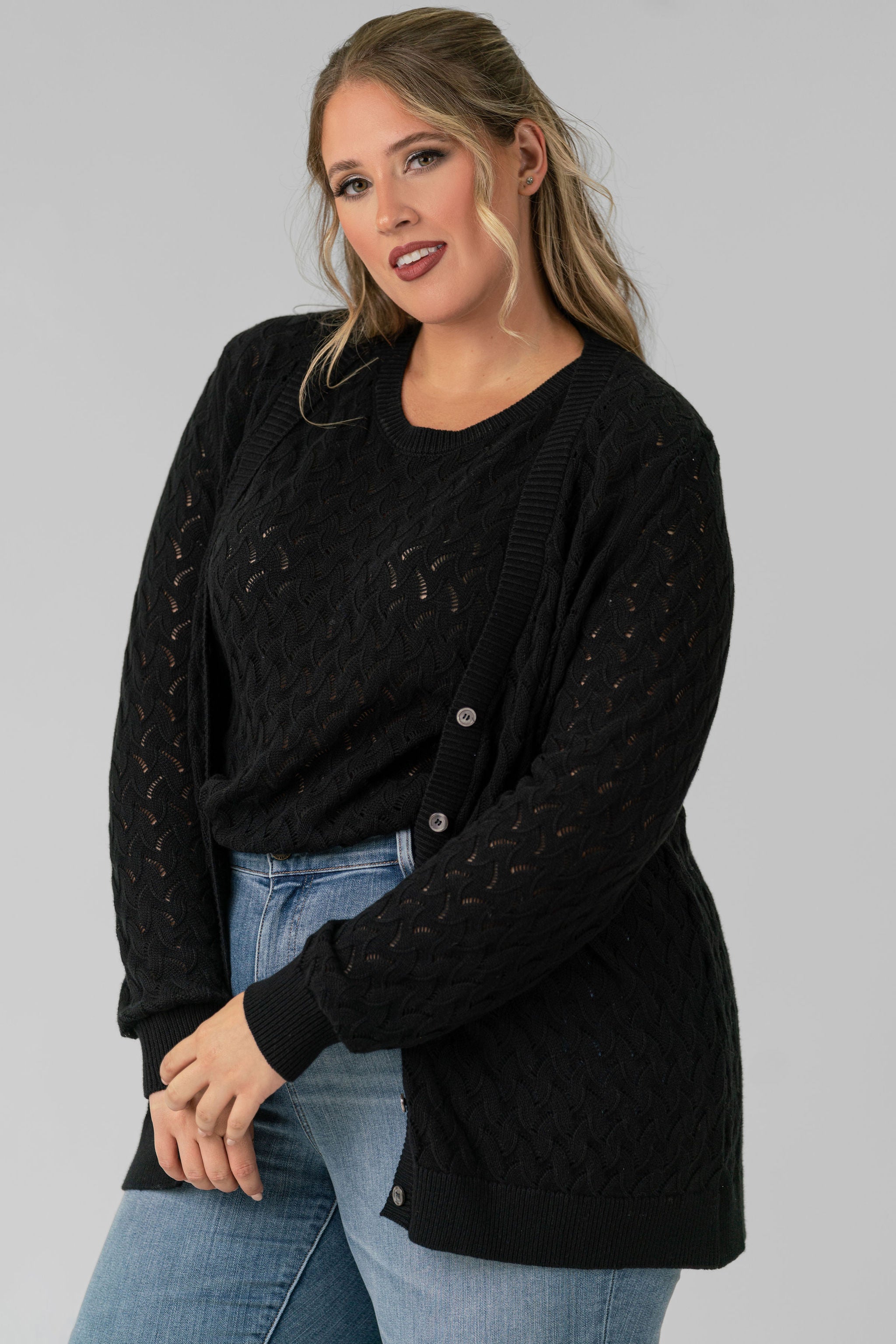 COTTON CASHMERE POINTELLE CARDIGAN plus-size - AMOUR781