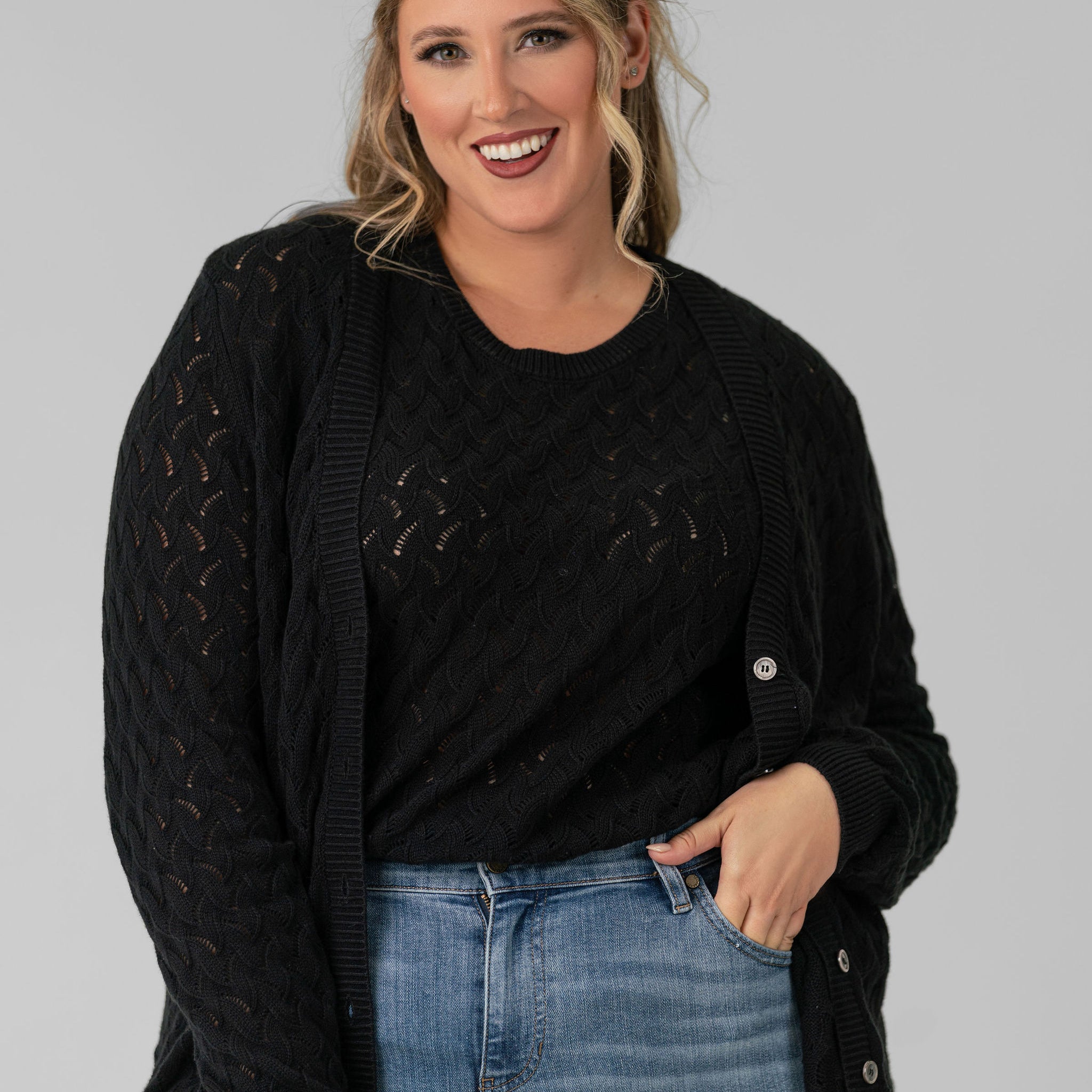 COTTON CASHMERE POINTELLE CARDIGAN plus-size - AMOUR781