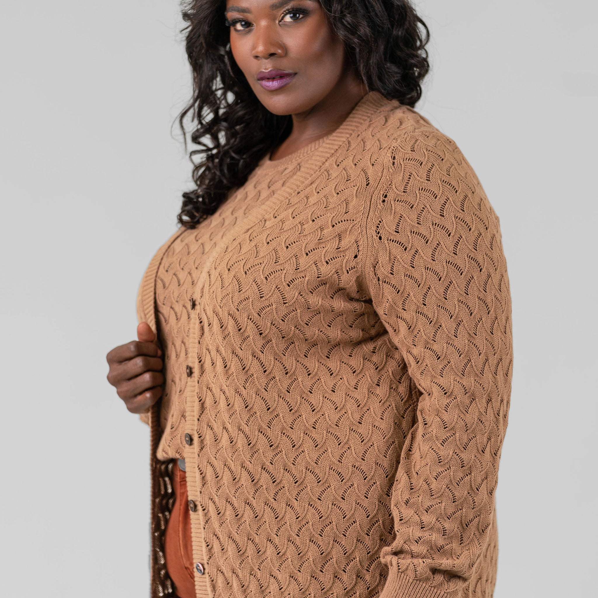 COTTON CASHMERE POINTELLE CARDIGAN plus-size - AMOUR781