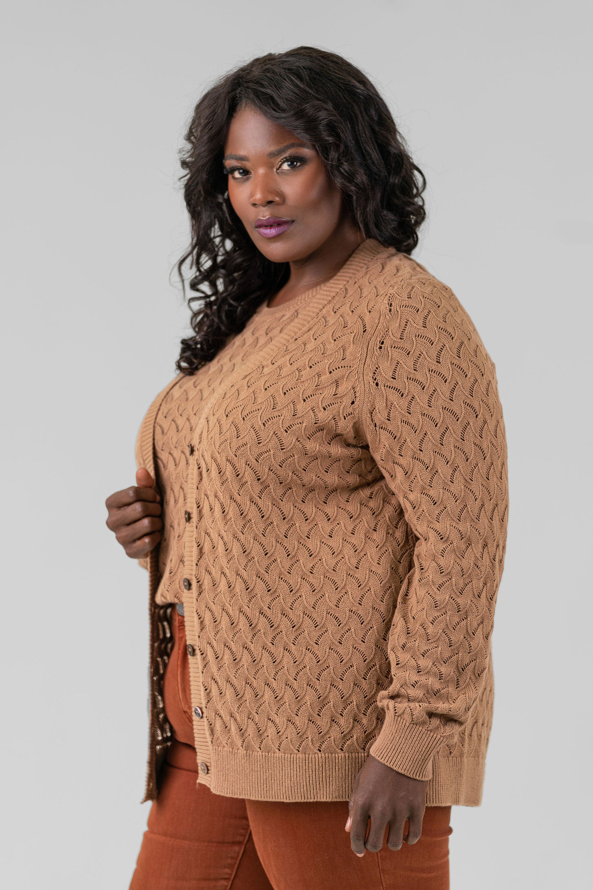 COTTON CASHMERE POINTELLE CARDIGAN plus-size - AMOUR781