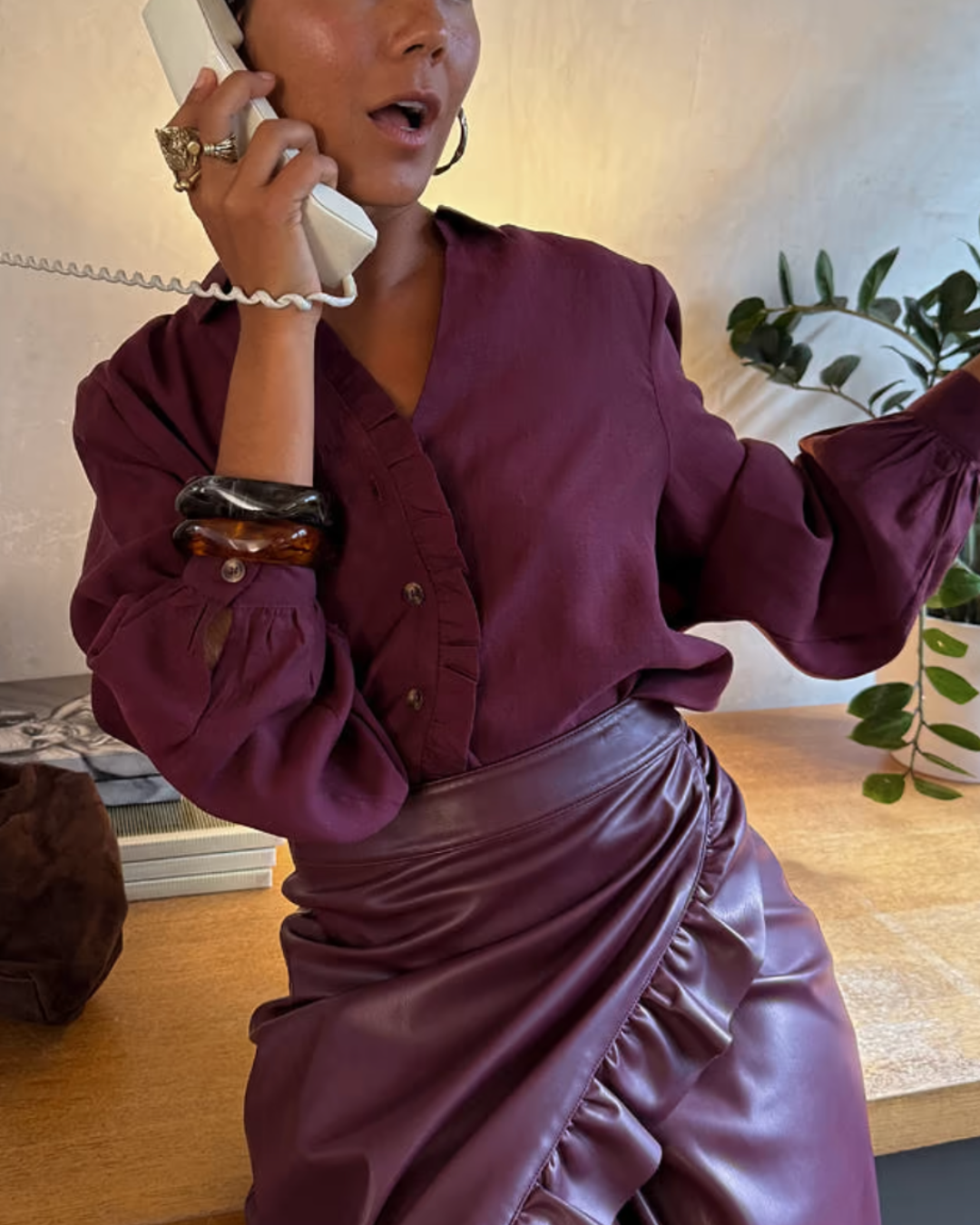 WINE VEGAN LEATHER RUFFLE JASPRE SKIRT plus-size - AMOUR781