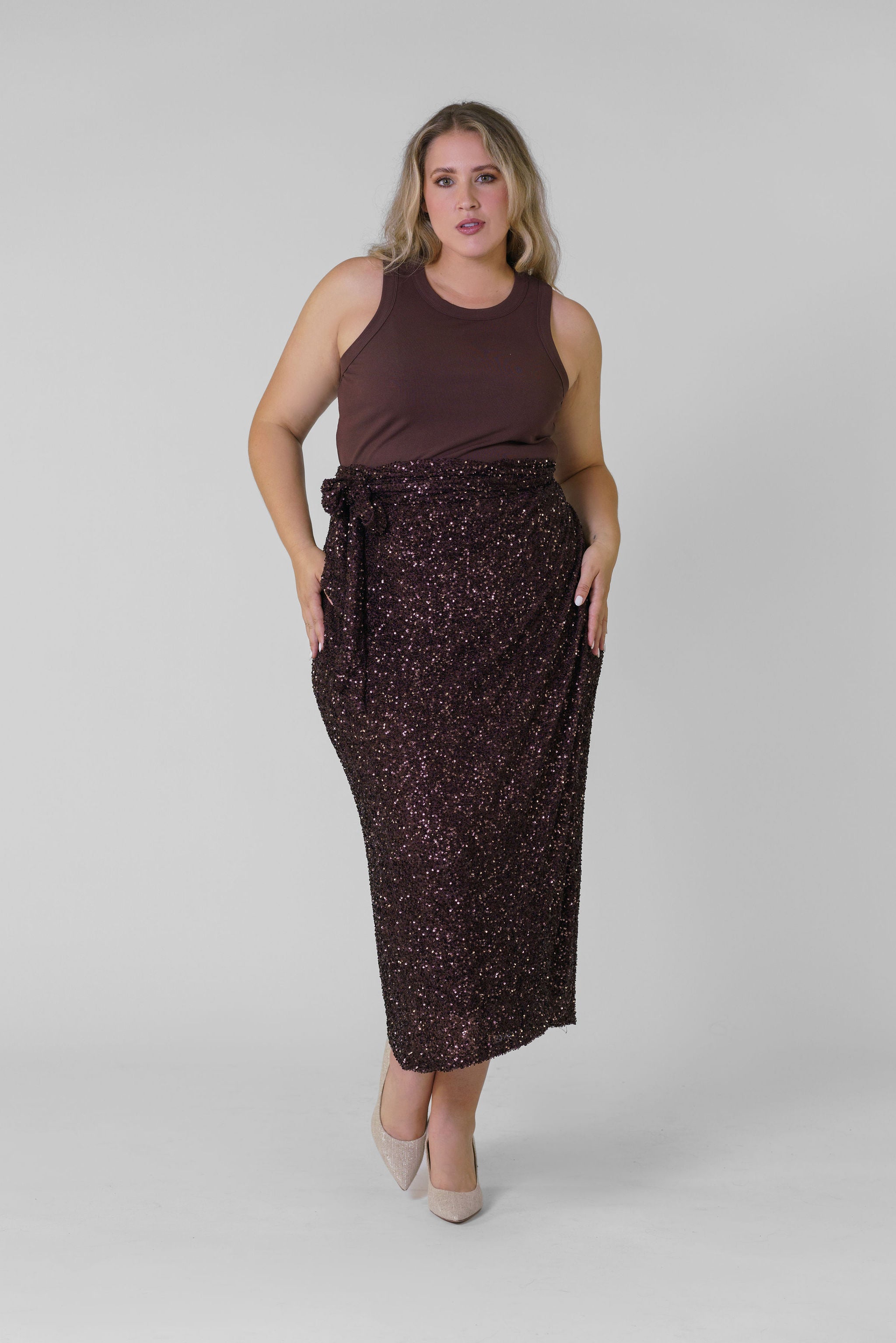 CHOCOLATE SEQUIN JASPRE SKIRT/WRAP DRESS plus-size - AMOUR781