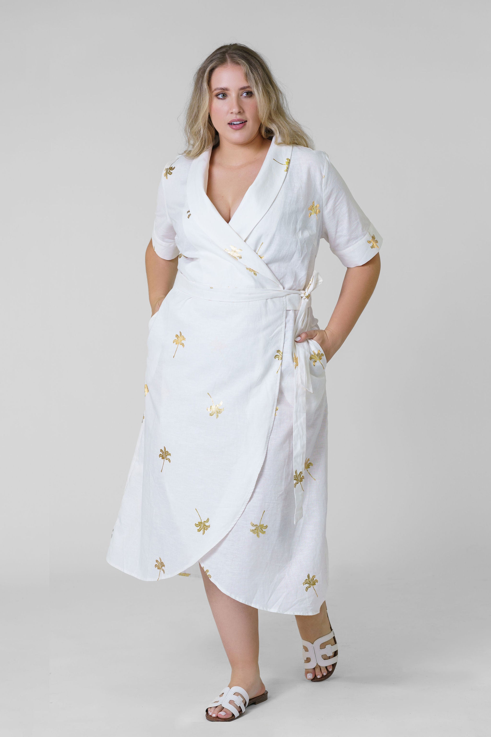 WHITE COTTON LINEN BROOKLYN DRESS WITH GOLD FLECK plus-size - AMOUR781