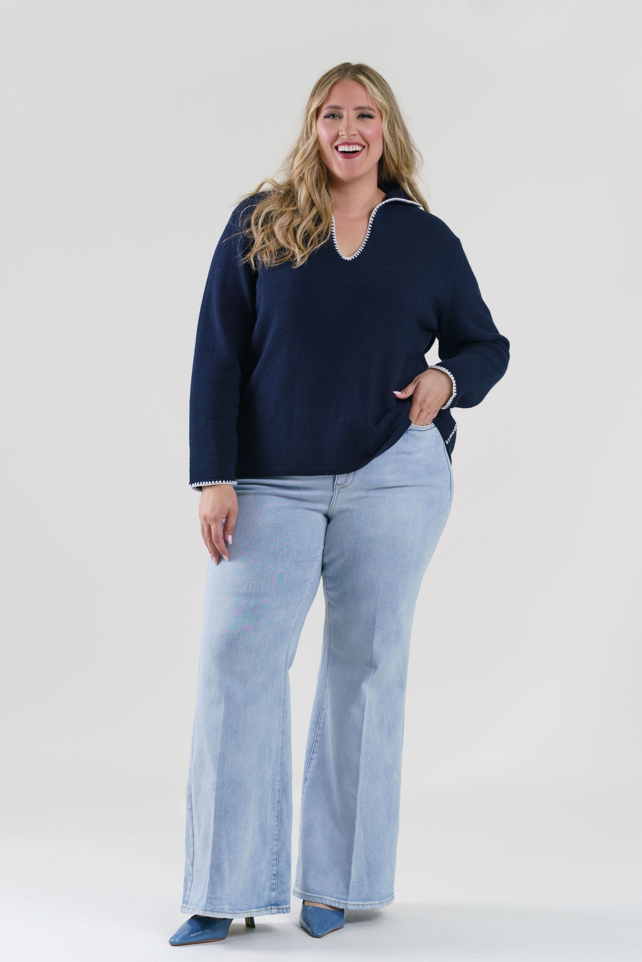 BLANKET STITCH GETAWAY SWEATER plus-size - AMOUR781