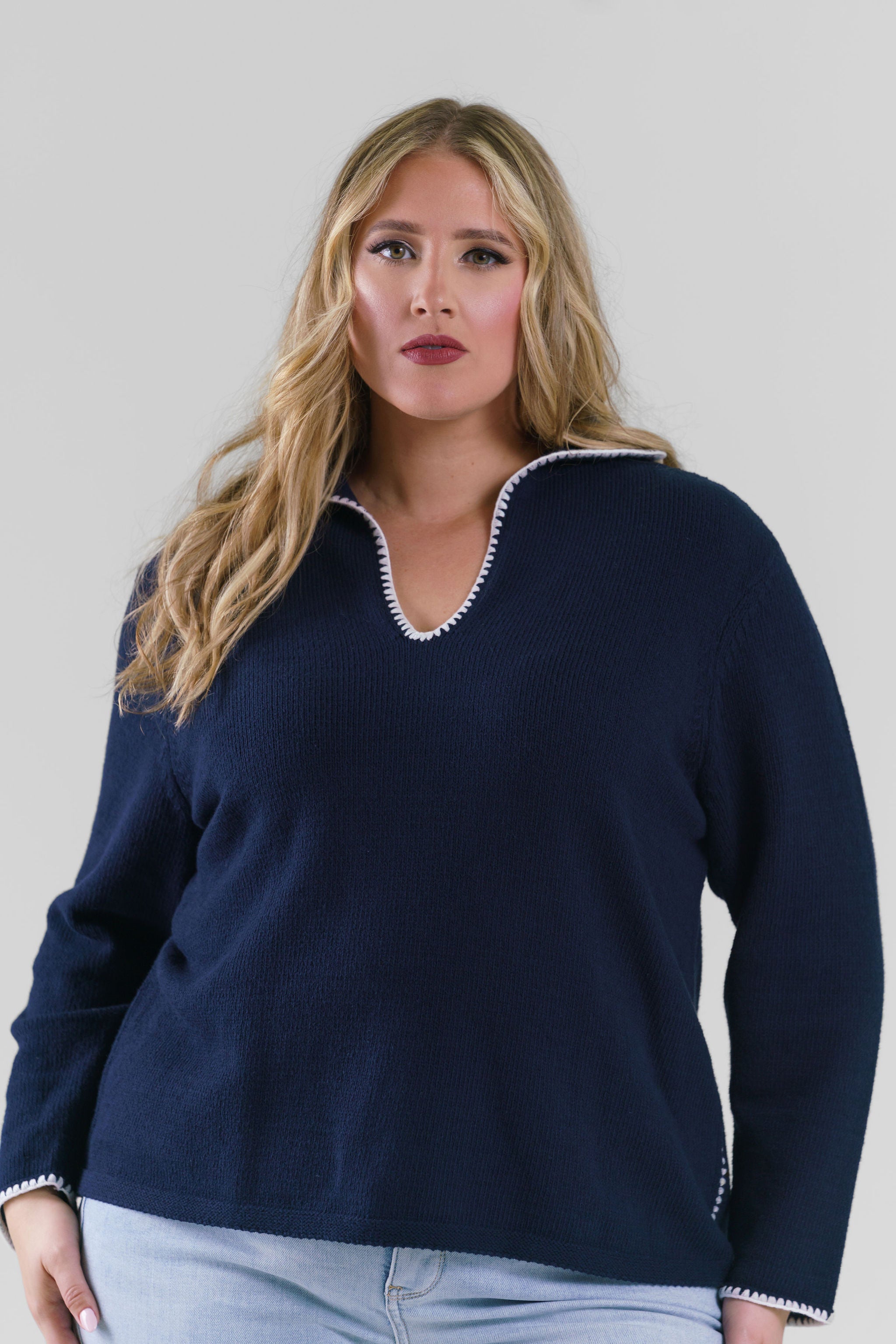 BLANKET STITCH GETAWAY SWEATER plus-size - AMOUR781