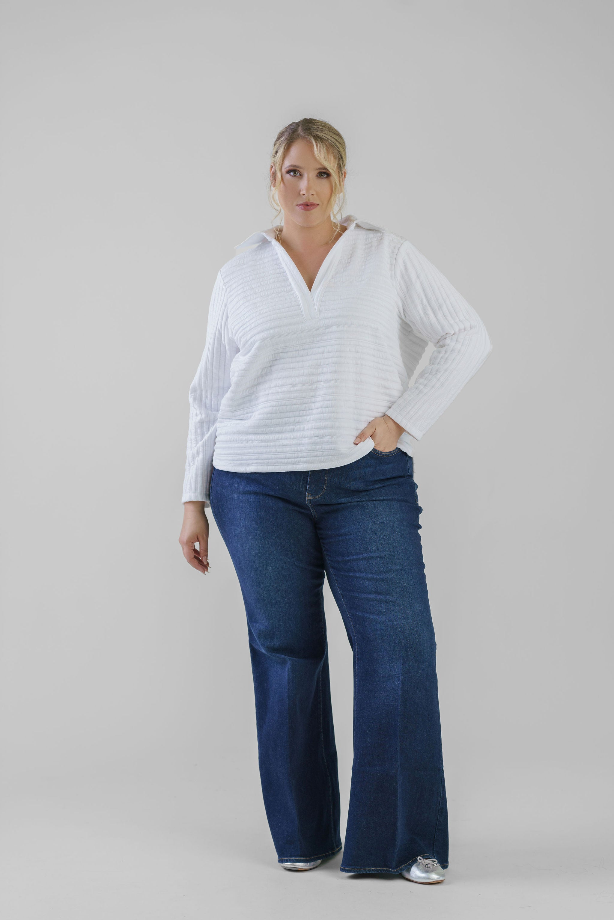 TEXTURED STRIPE POLO TOP plus-size - AMOUR781