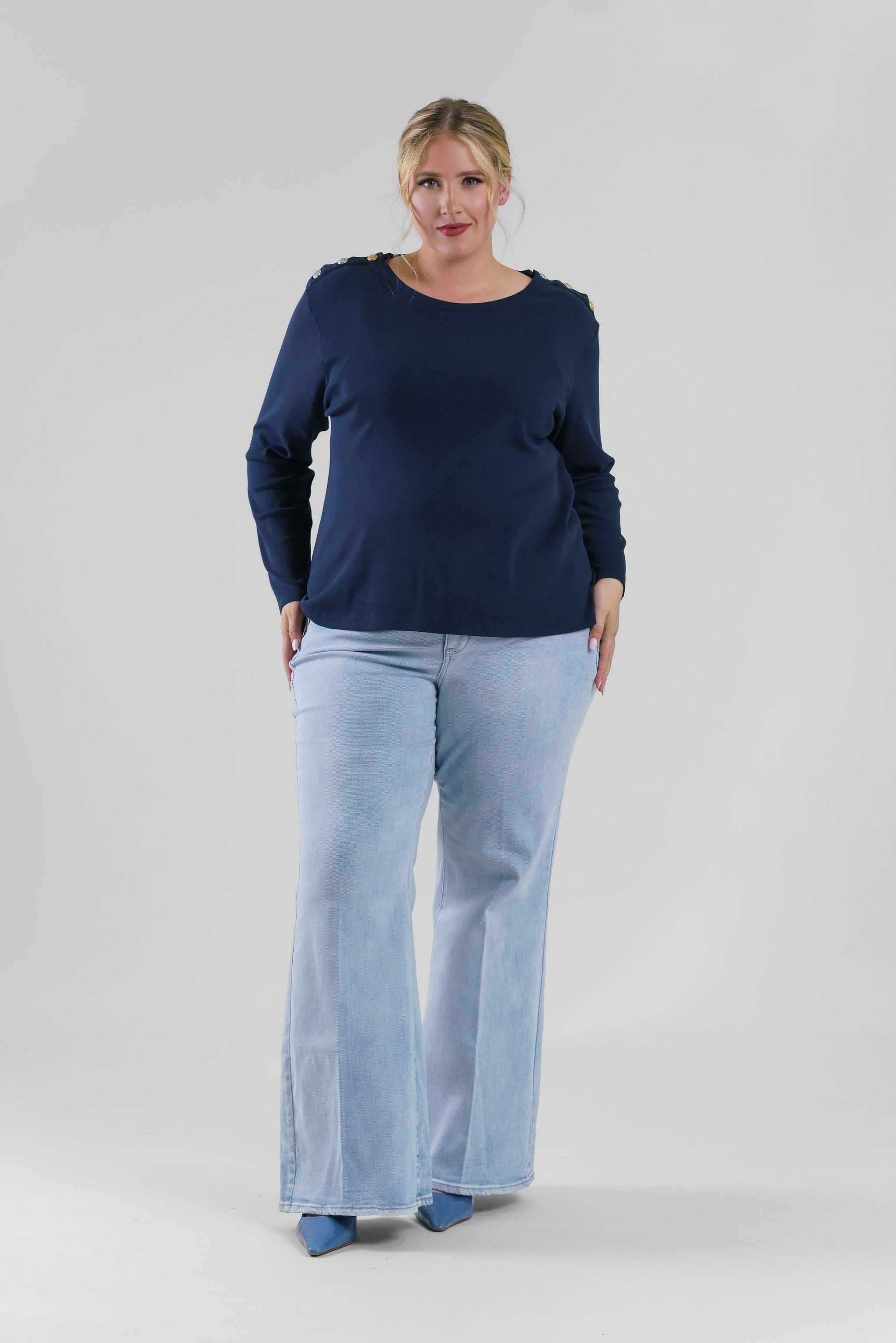 Plus size, long sleeve button shoulder, featuring chic button details on the shoulder for a touch of sophistication