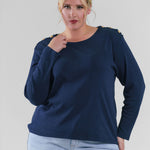 Plus size, long sleeve button shoulder, featuring chic button details on the shoulder for a touch of sophistication