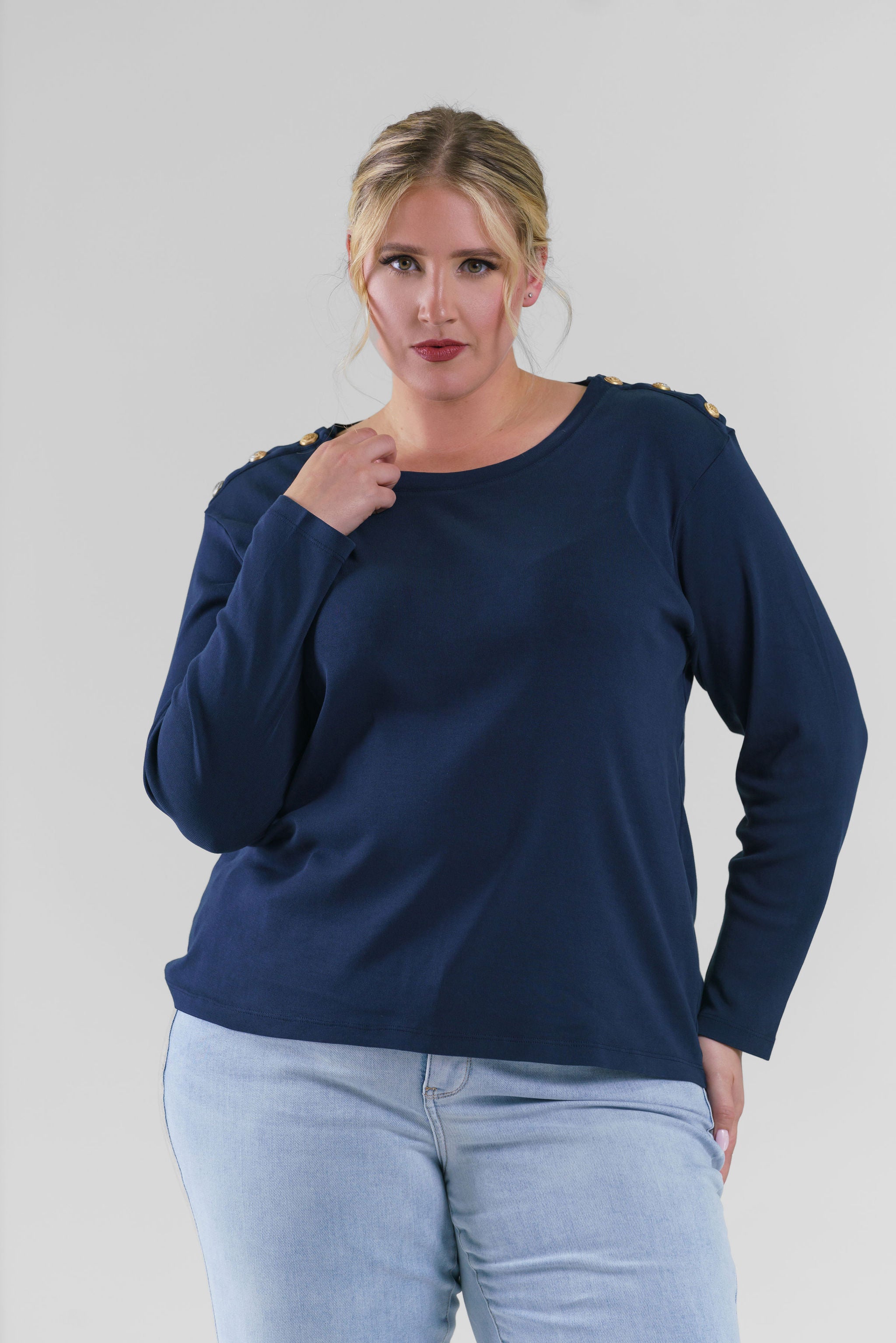 Plus size, long sleeve button shoulder, featuring chic button details on the shoulder for a touch of sophistication