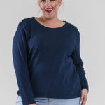 Plus size, long sleeve button shoulder, featuring chic button details on the shoulder for a touch of sophistication