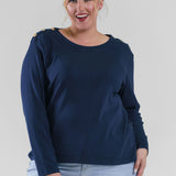 Plus size, long sleeve button shoulder, featuring chic button details on the shoulder for a touch of sophistication