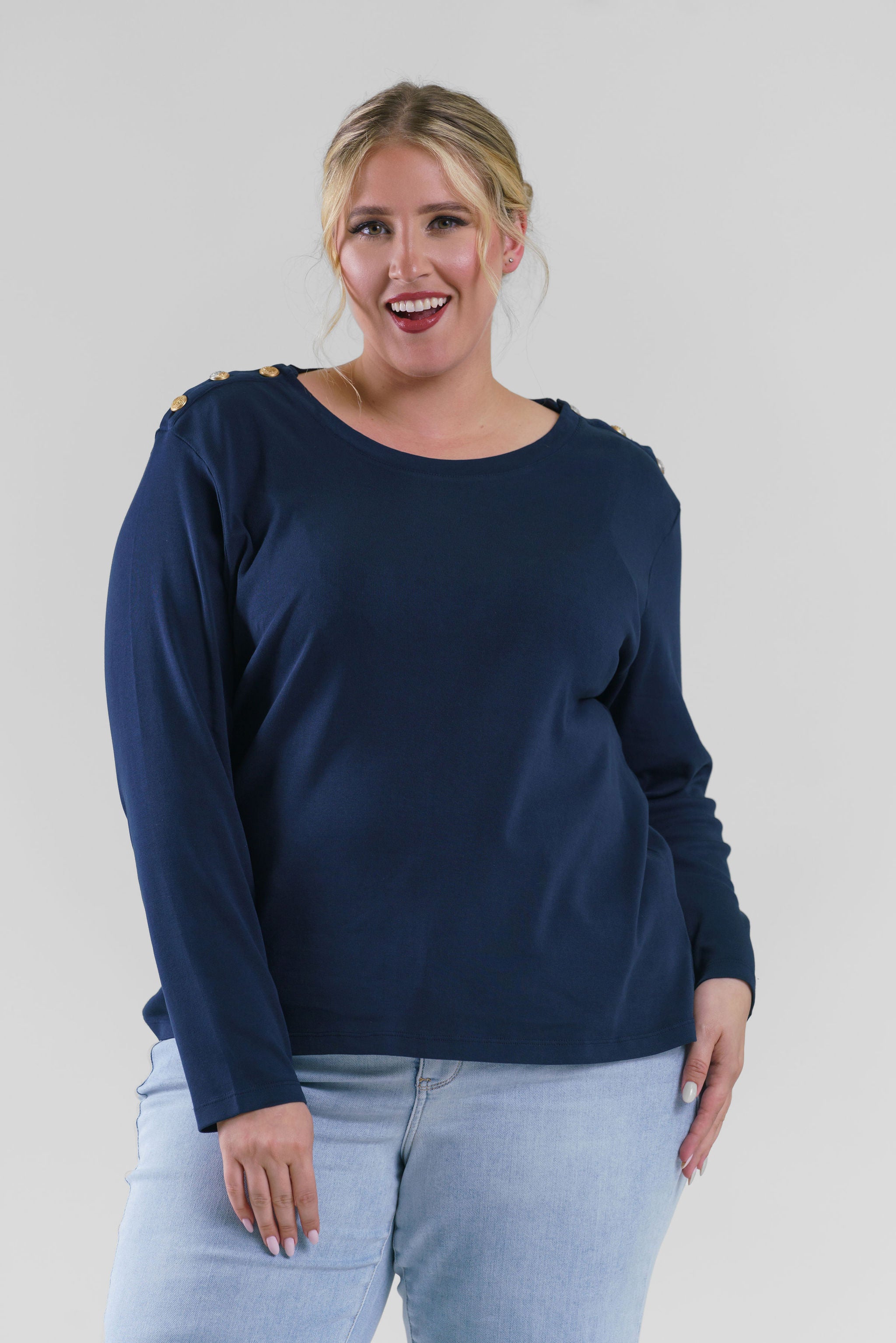 Plus size, long sleeve button shoulder, featuring chic button details on the shoulder for a touch of sophistication