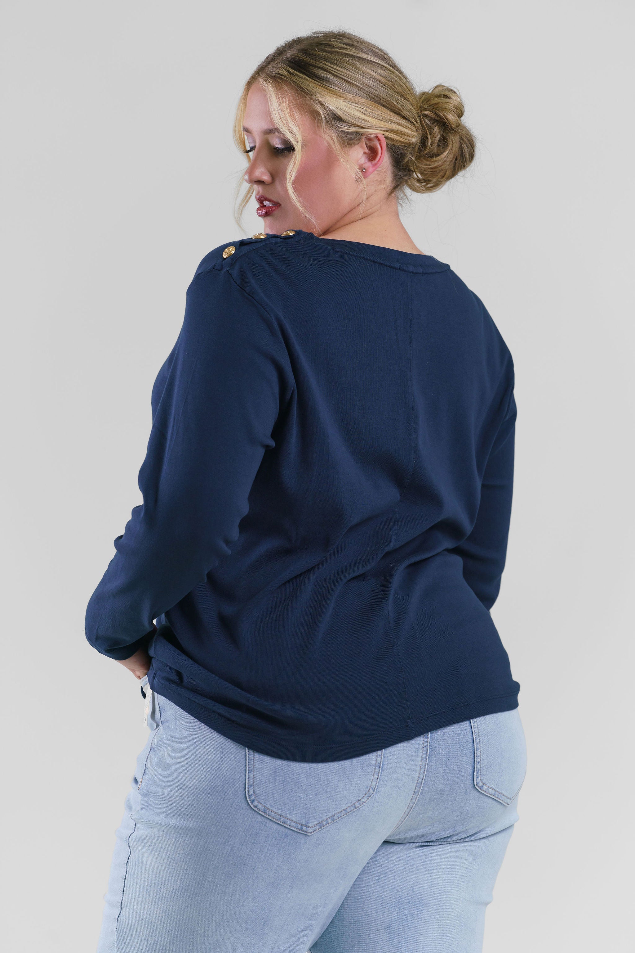 Plus size, long sleeve button shoulder, featuring chic button details on the shoulder for a touch of sophistication