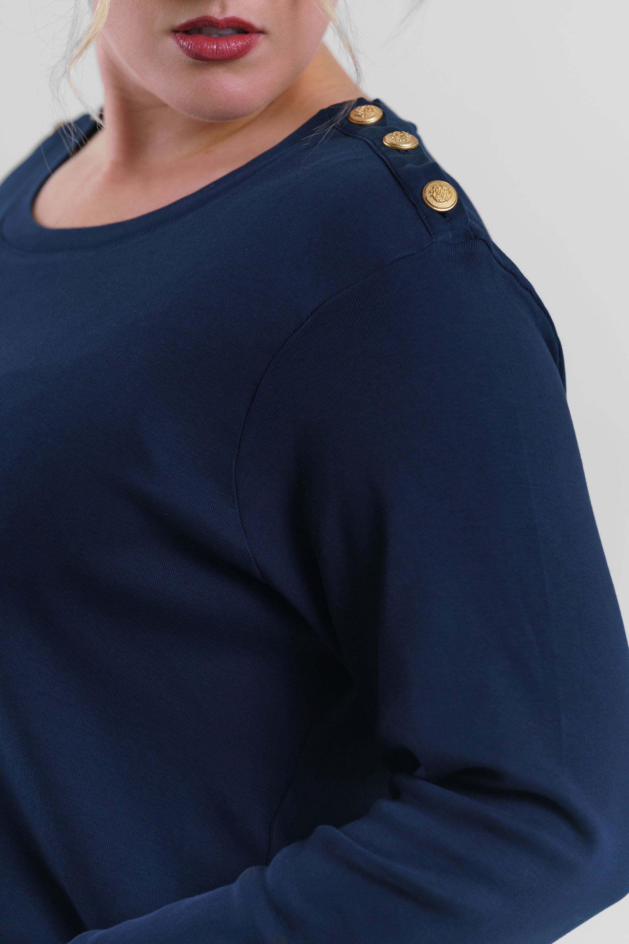 Plus size, long sleeve button shoulder, featuring chic button details on the shoulder for a touch of sophistication