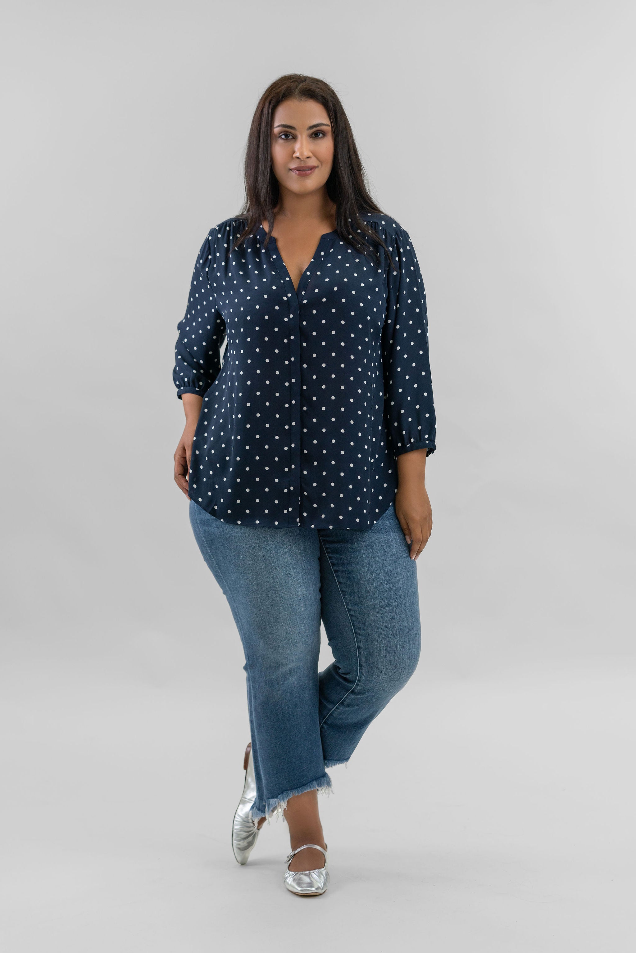 PINTUCK BLOUSE - Indigo Dot plus-size - AMOUR781