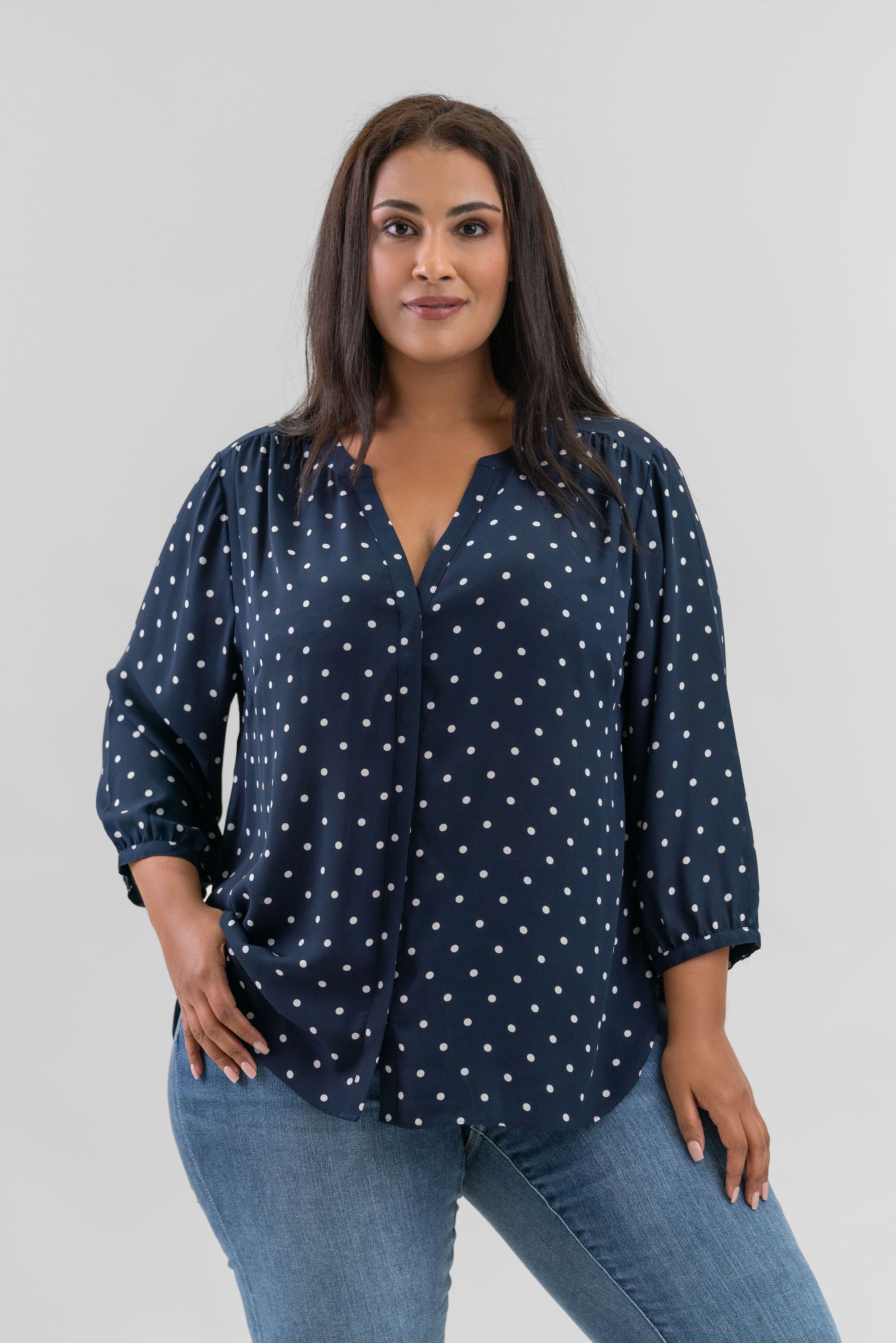 PINTUCK BLOUSE - Indigo Dot plus-size - AMOUR781