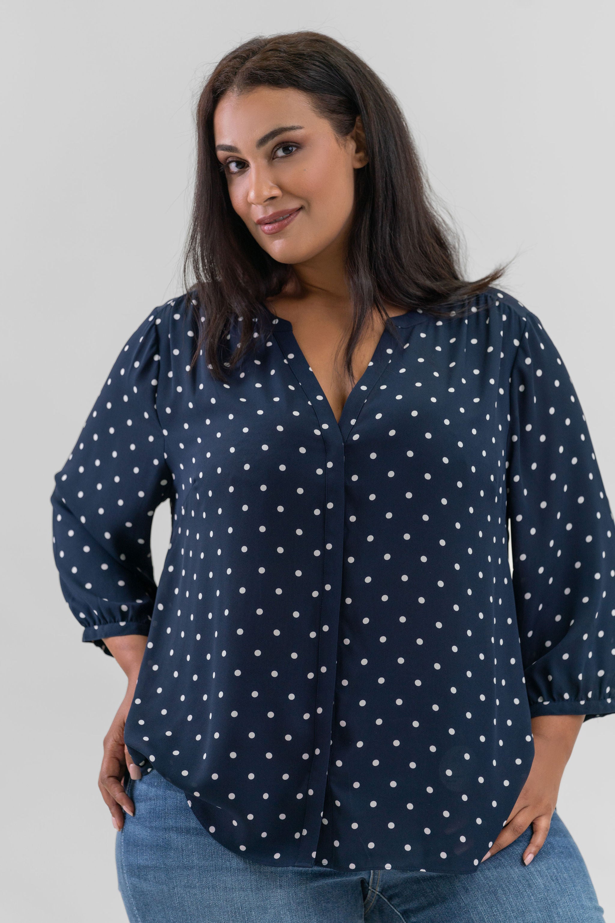 PINTUCK BLOUSE - Indigo Dot plus-size - AMOUR781