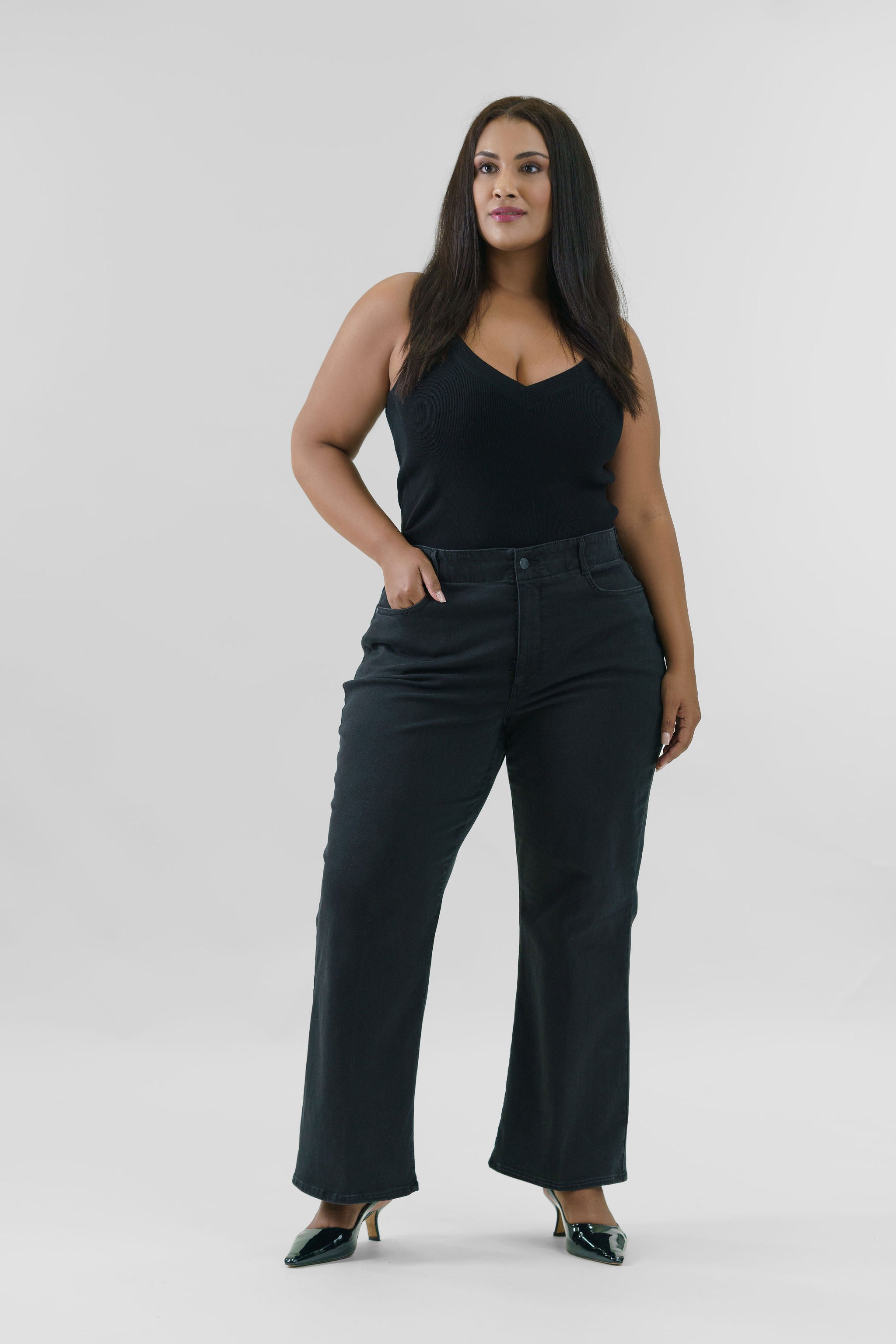 WAIST MATCH HIGH RISE MAJOR WIDE LEG JEAN plus-size - AMOUR781