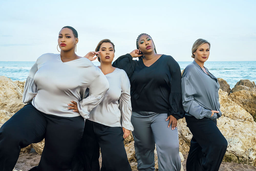 Women wearing luxury plus size clothing designed by Nouvelle Silk95Five