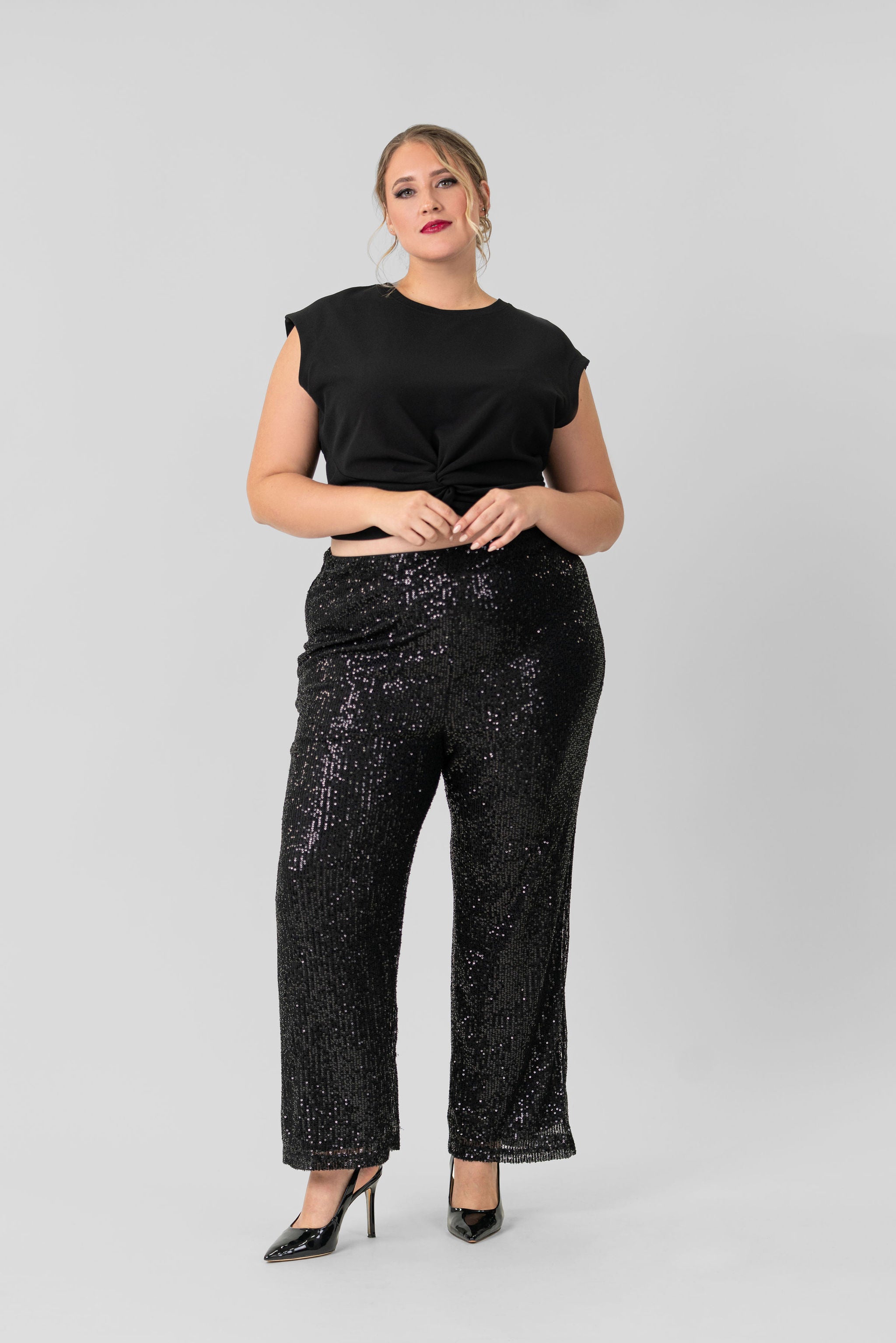 SEQUIN SEMI FLARED PANTS plus-size - AMOUR781