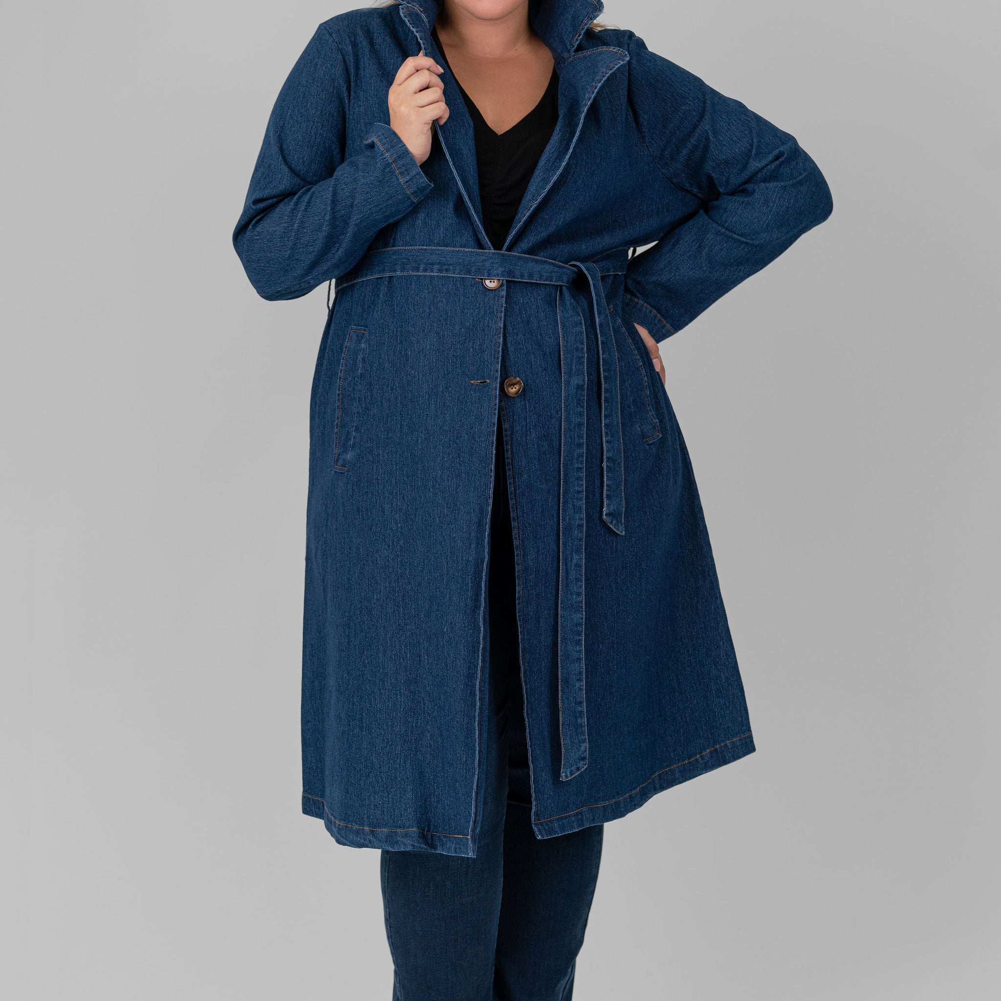 WASHED DENIM TRENCH COAT - AMOUR781