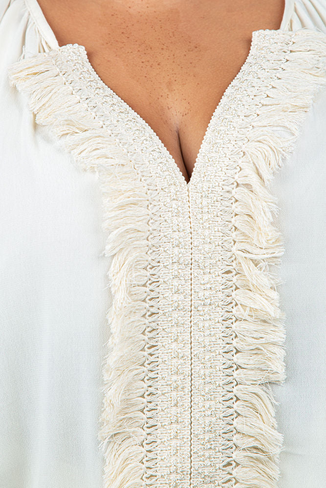 BLOUSE WITH FRINGES ON THE NECKLINE - AMOUR781