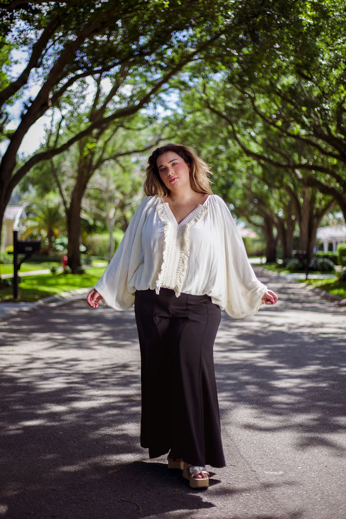 BLOUSE WITH FRINGES ON THE NECKLINE - AMOUR781
