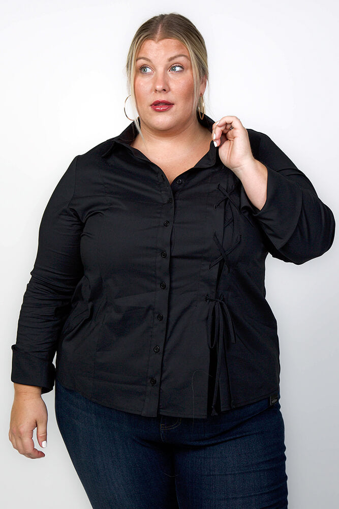 Naomi Lace Up Top in Black Poplin designed by Finley