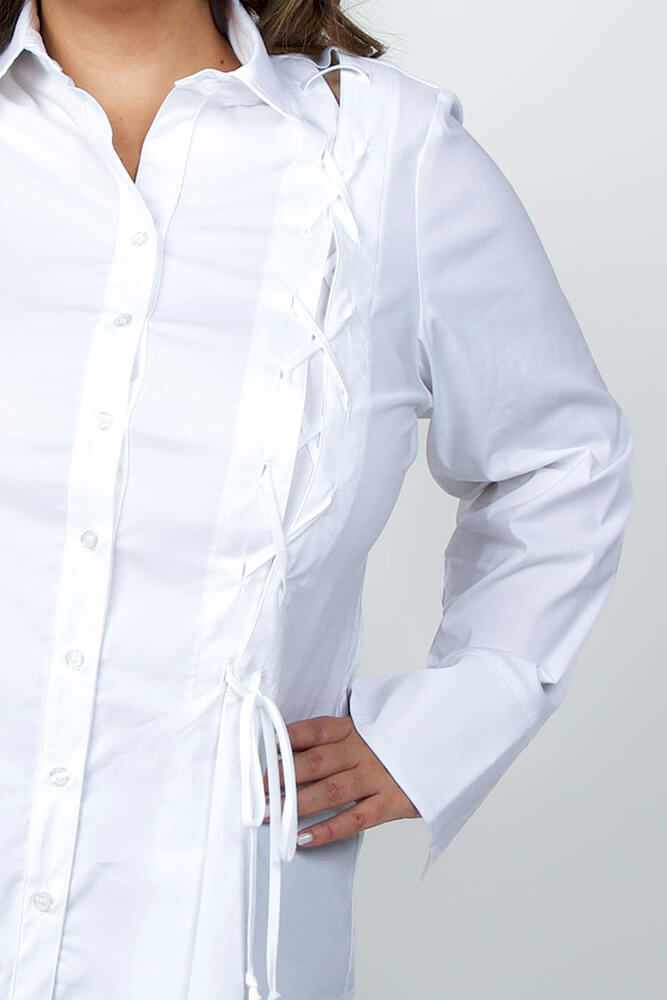 Naomi Lace Up Top in White Poplin designed by Finley