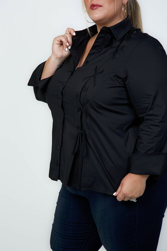 Naomi Lace Up Top in Black Poplin designed by Finley
