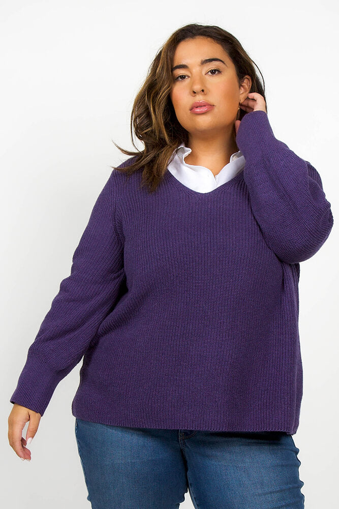 Shaker Knit V neck sweater in purple fig designed by Nic + Zoe